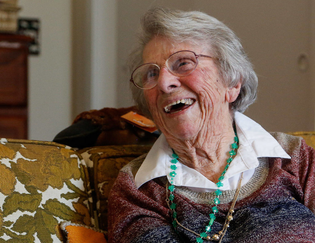 Ruth May Scougate will be 100 on St. Patrick’s Day. Here, she talks about her life. (Dan Bates / The Herald)
