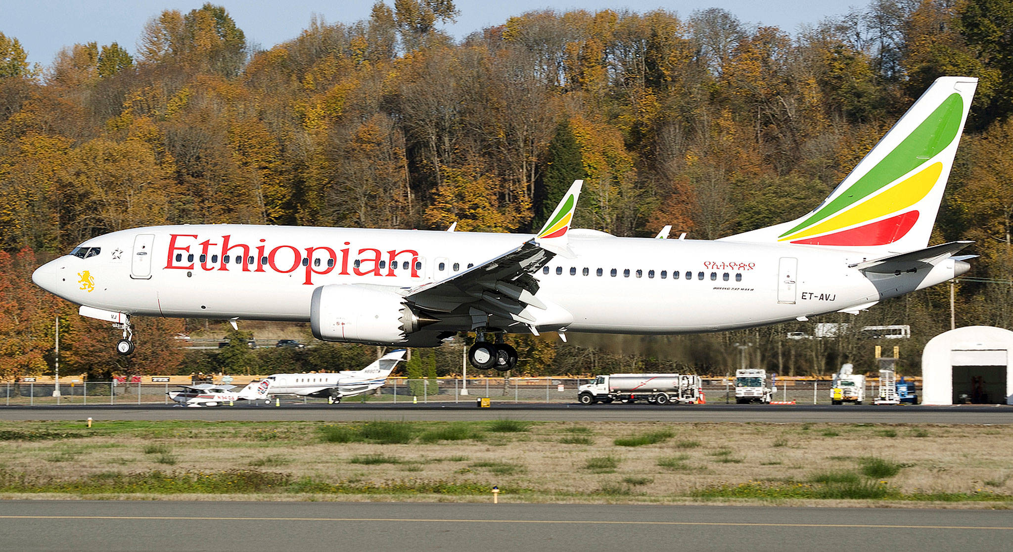 This Ethiopian Airlines Boeing 737 MAX 8, shown here Nov. 12 at Boeing Field in Seattle, crashed Sunday near Addis Ababa, Ethiopia. (AP Photo/Preston Fiedler)