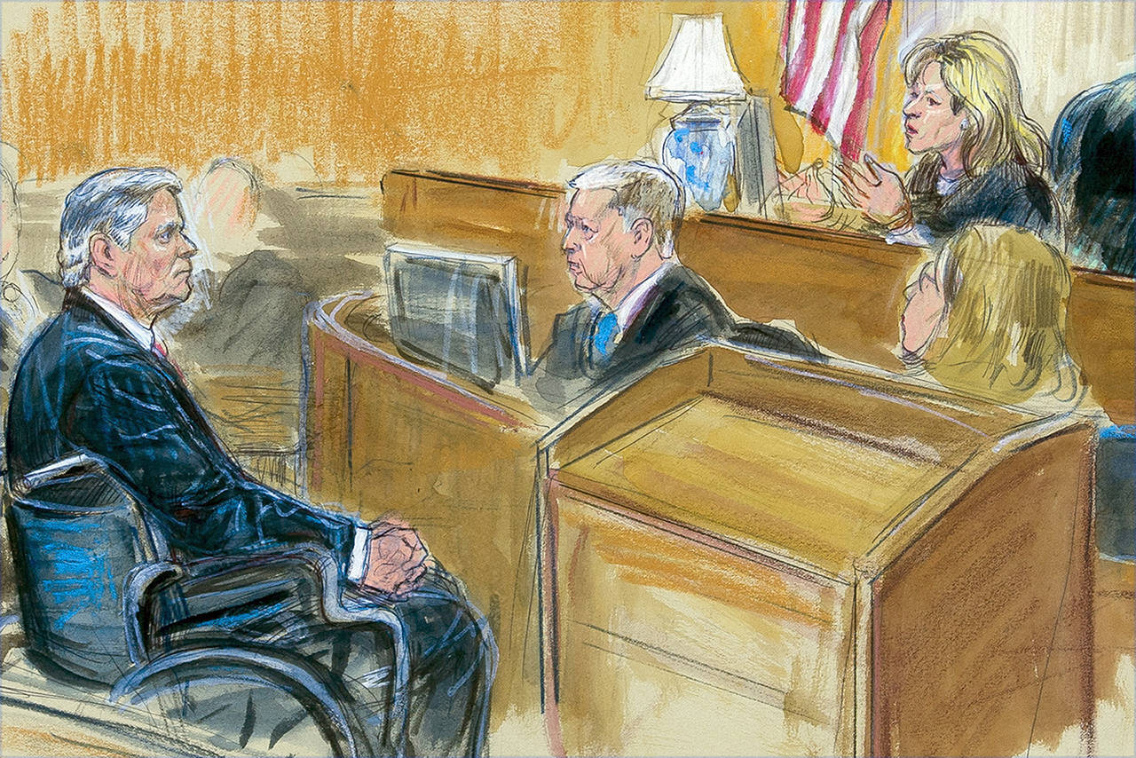 This courtroom sketch shows Paul Manafort listening to Judge Amy Berman Jackson in the U.S. District Courtroom during his sentencing hearing in Washington on Wednesday. (Dana Verkouteren via AP)