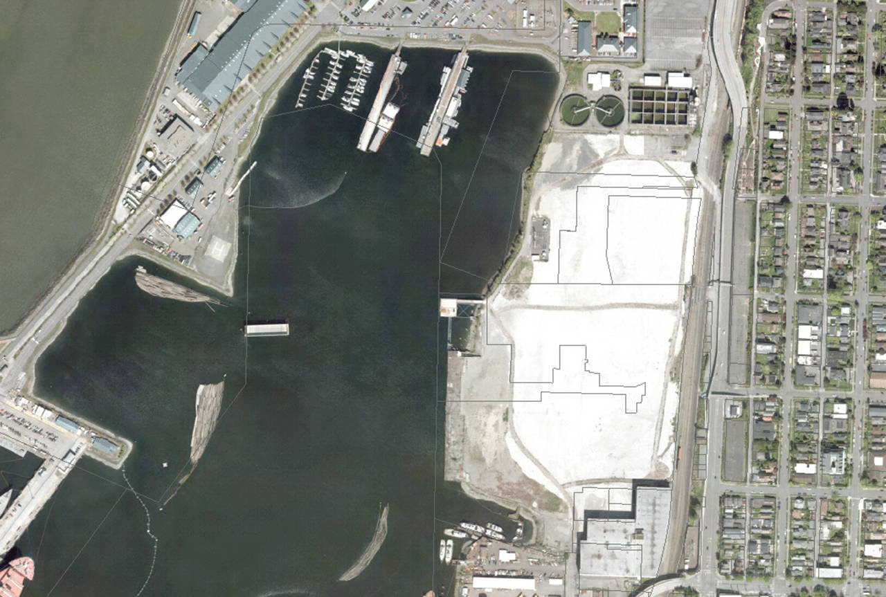 This aerial footage from 2015 shows the former Kimberly-Clark mill site on the Everett waterfront. Naval Station Everett lies to the north and west, the Port of Everett’s shipyard to the south. (Snohomish County)