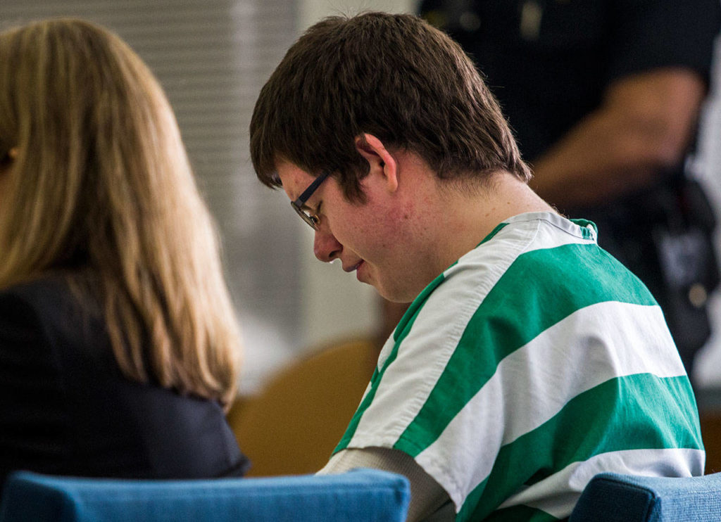 Andrew Henckel cries during his sentencing on Wednesday, March 20, 2019 in Everett, Wash. (Olivia Vanni / The Herald)
