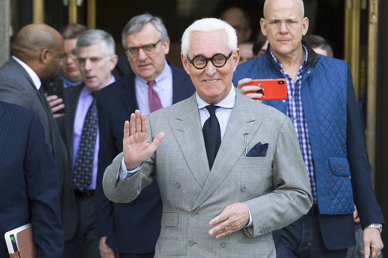 Roger Stone leaves the U.S. District Court after a court status conference on his seven charges Thursday. (AP Photo/Cliff Owen)