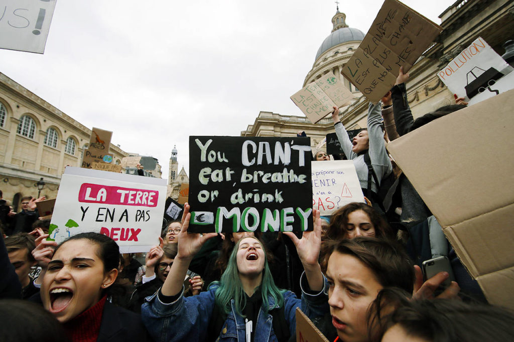 High school students demonstrate outside the Pantheon monument in Paris on Friday. (AP Photo/Francois Mori)
