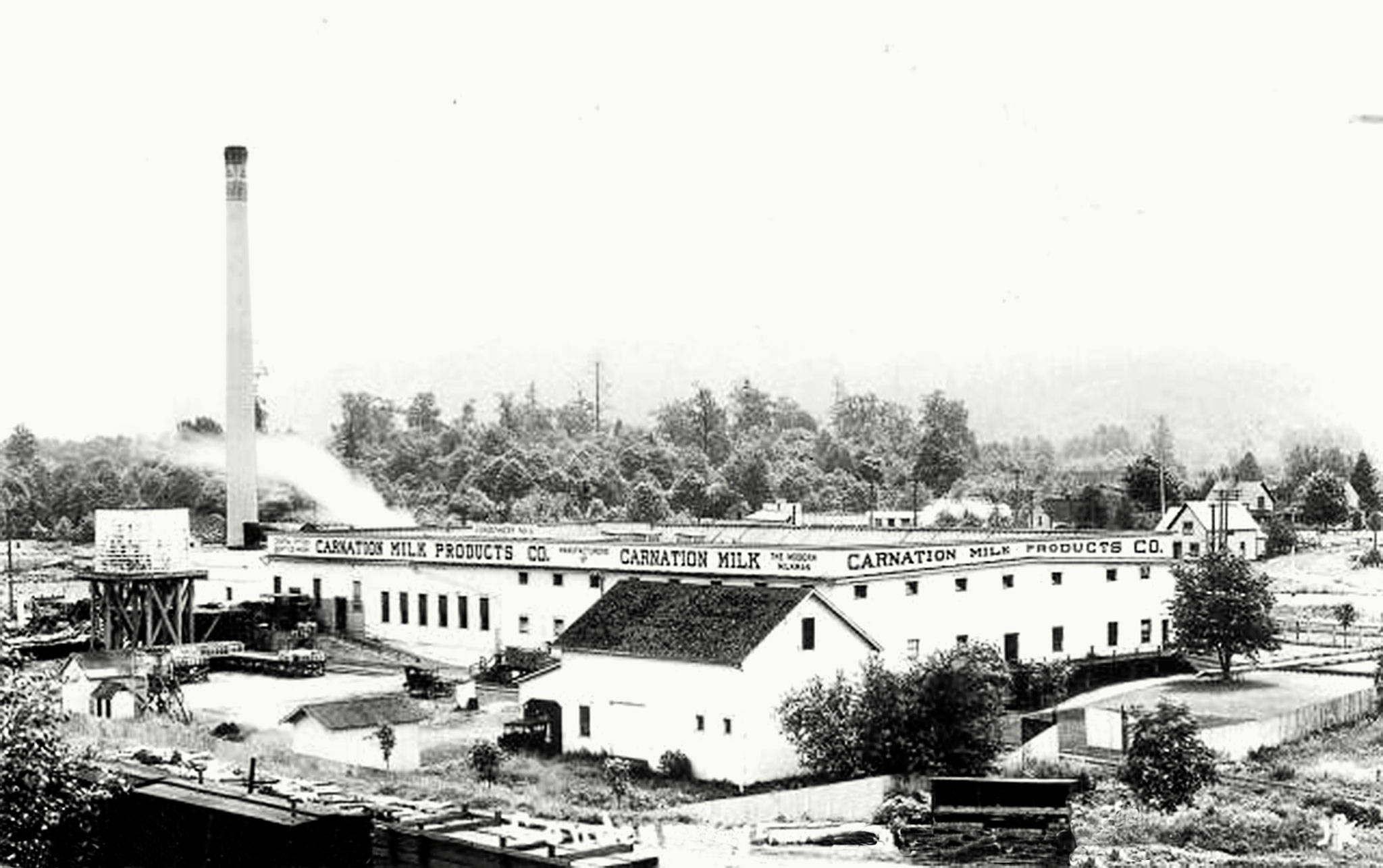 This is a 1925 view of the Carnation Condensery in Monroe. The 150-foot steam stack is all that remains of the plant that represented the area’s importance as a dairy center. Built in 1908, the condensery building at the intersection of Main and Ann streets burned down in 1944. (Courtesy Monroe Historical Society)