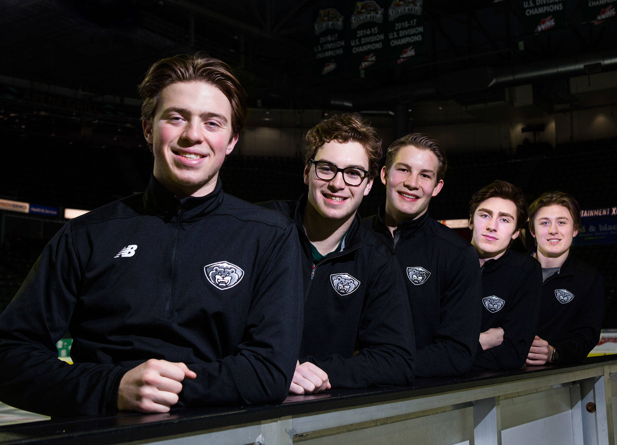 Members of the Everett Silvertips’ vaunted 1999-born draft class Jake Christiansen, Bryce Kindopp, Riley Sutter, Connor Dewar and Wyatte Wylie (from left to right). (Olivia Vanni / The Herald)