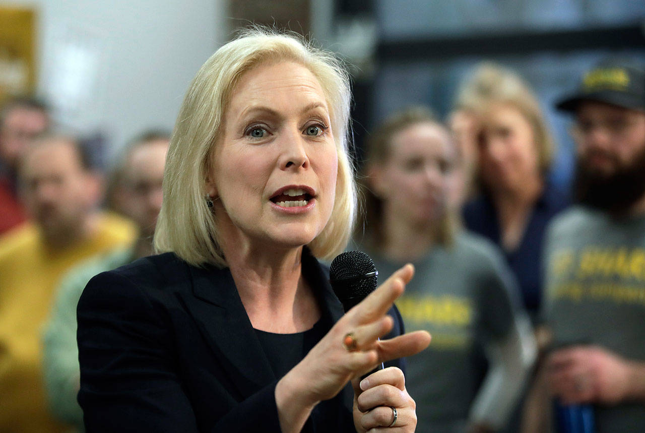 Democratic presidential candidate Sen. Kirsten Gillibrand, D-N.Y., speaks during a campaign meet-and-greet Friday at To Share Brewing in Manchester, New Hampshire. (AP Photo/Elise Amendola)