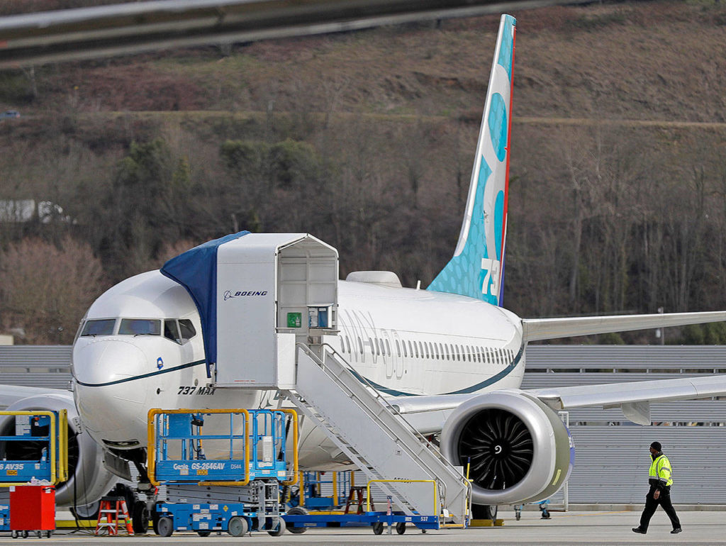 A Boeing 737 MAX 8 airplane parked at Boeing Field in Seattle last week. (AP Photo/Ted S. Warren) 
