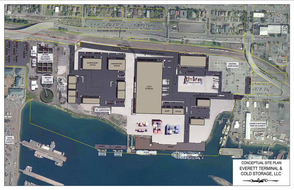 This rendering shows how Pacific Stevedoring has proposed developing the former Kimberly-Clark mill site in Everett. (Everett Terminal & Cold Storage)
