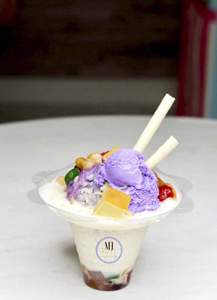 The halo-halo dessert at MJ Café is a Filipino concoction made with coconut, jackfruit, sweet beans, banana, palm seed, cantaloupe and ube ice cream. (Alexis Taliman)
