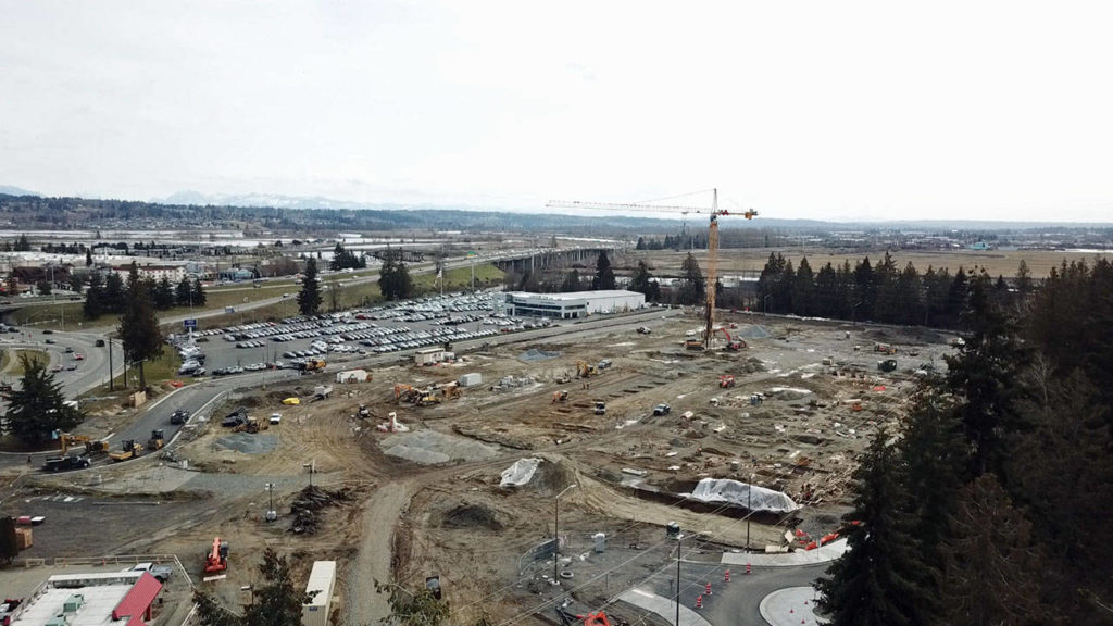 A drone captured a photo of the big crane at the construction site of the Quil Ceda Creek Casino on March 14. (Hibulb Cultural Center & Natural History Preserve)
