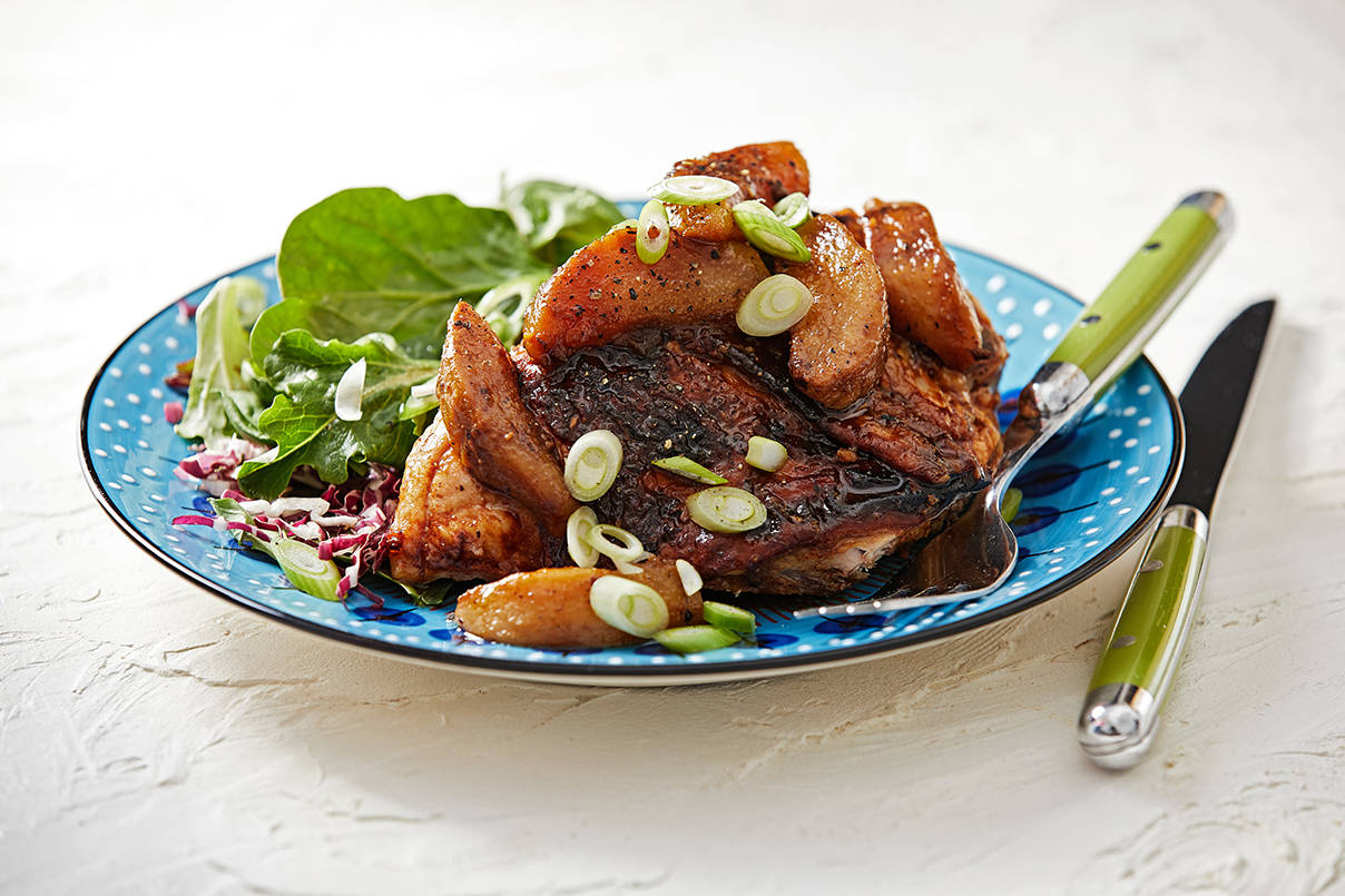 Make miso-ginger roasted chicken and pears on a single sheet pan. (Photo by Tom McCorkle for The Washington Post)