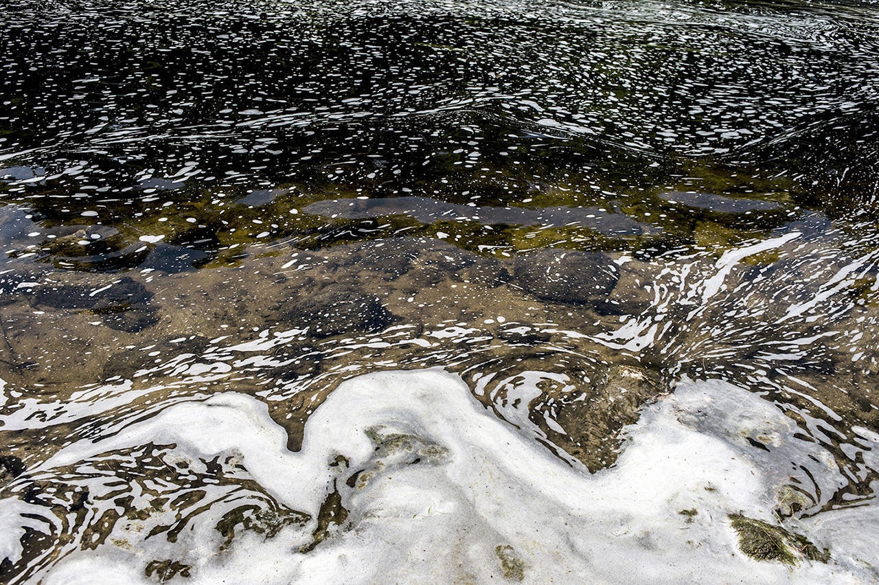 In this June 7, 2018 photo, PFAS foam gathers at the the Van Etten Creek dam in Oscoda Township, Michigan, near Wurtsmith Air Force Base. Per- and polyfluoroalkyl substances, or PFAS, are generating substantial public health concern across Michigan, the United States and other countries. The chemicals are polluting drinking water and the environment at sites where they were used and discarded by industry, or seeped into the ground as leftover contaminants in chemical-based firefighting foam. (Jake May/The Flint Journal via AP, file)