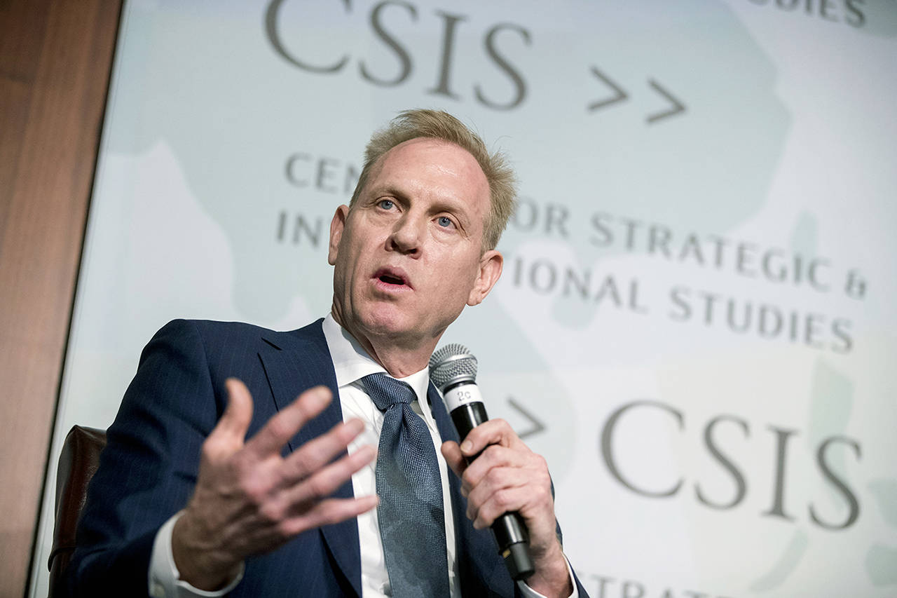 Acting Defense Secretary Patrick Shanahan speaks at the Center for Strategic and International Studies in Washington on Wednesday. (AP Photo/Andrew Harnik)