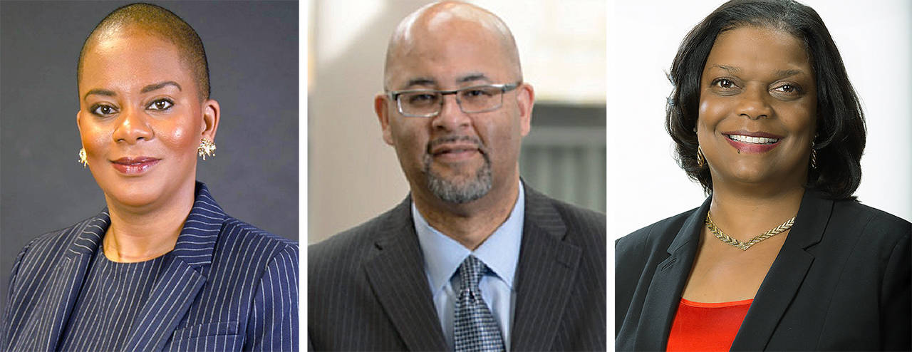 From left: Daria Willis, Warren Brown and Karin Edwards, candidates for president of Everett Community College.