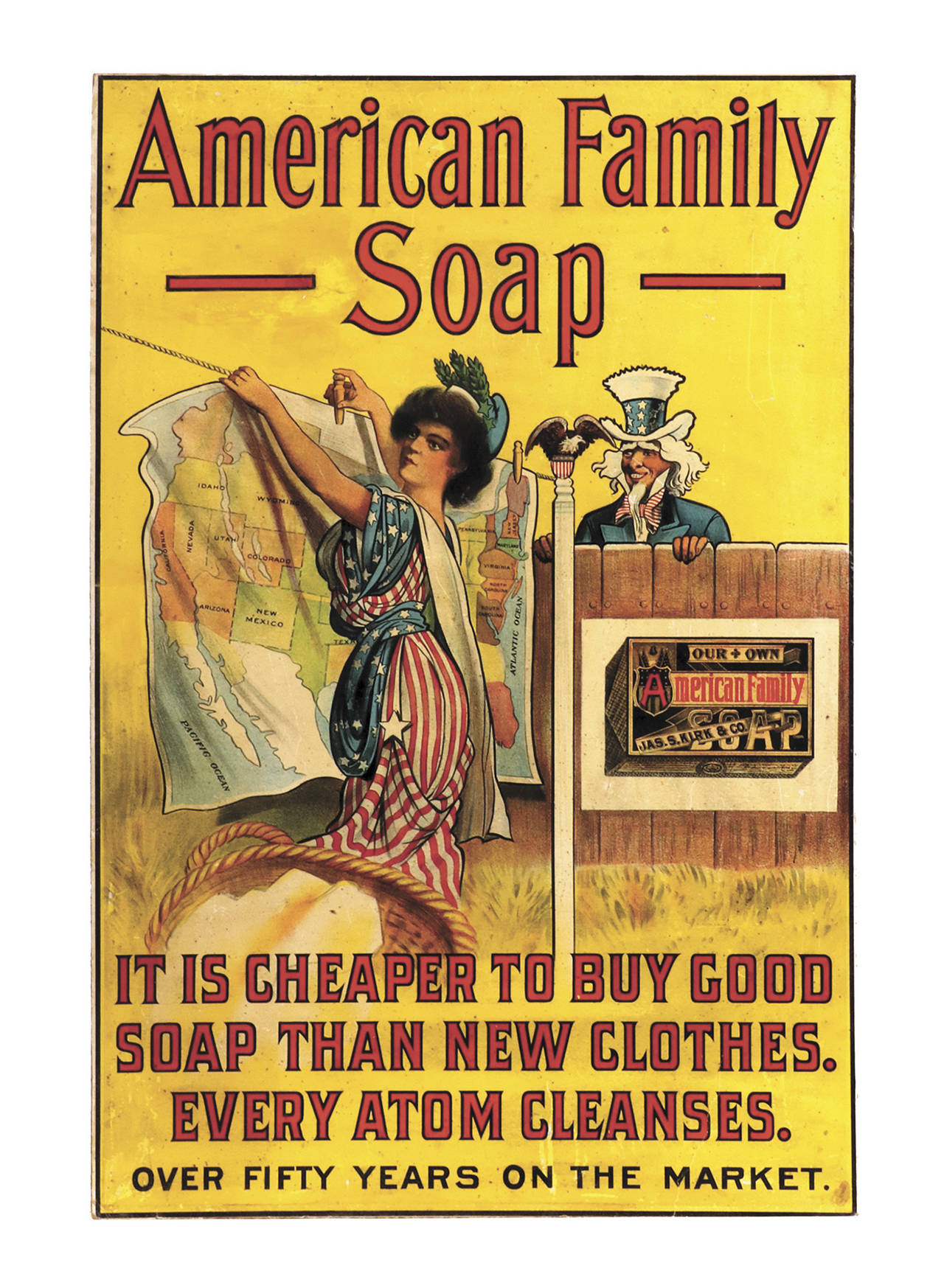 Could this sign date from 1889? In small letters at the bottom it says: “Over fifty years on the market,” and Uncle Sam and Miss Liberty look Victorian. Is it 50 years from the founding of Kirk & Co.? Or 50 years from the 1930s Proctor & Gamble ownership, in which case, the sign was made in 1980. (Cowles Syndicate Inc.)
