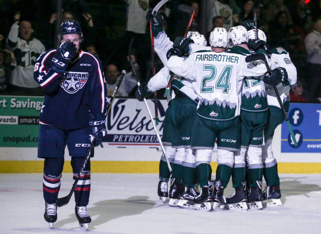 The Silvertips celebrate Connor Dewar’s goal in the first period during a playoff game against Tri-City on March 22, 2019, at Angel of the Winds Arena in Everett. (Kevin Clark / The Herald)

