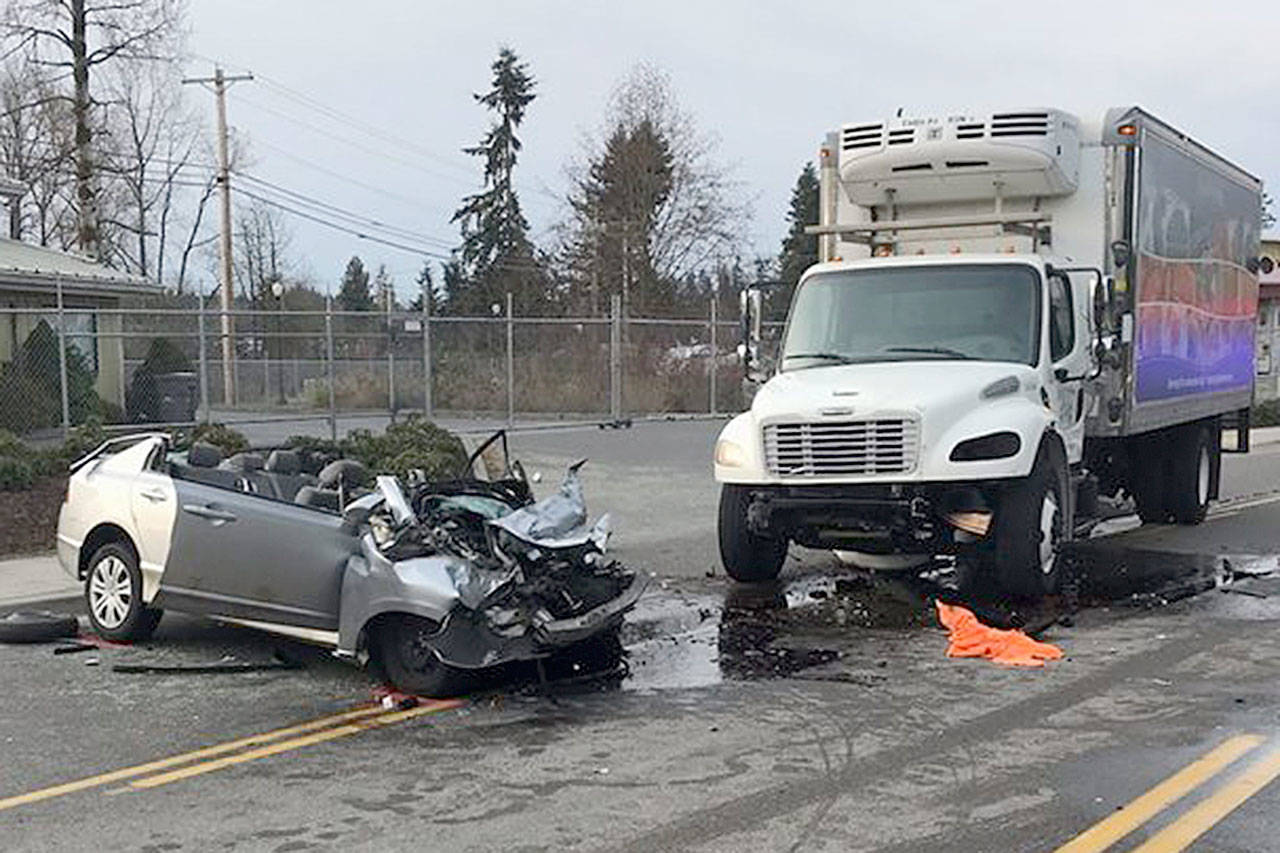 A person driving a sedan had to be airlifted to Harborview Medical Center in Seattle after a Monday morning collision with a delivery truck in Arlington. (Arlington Fire Department)