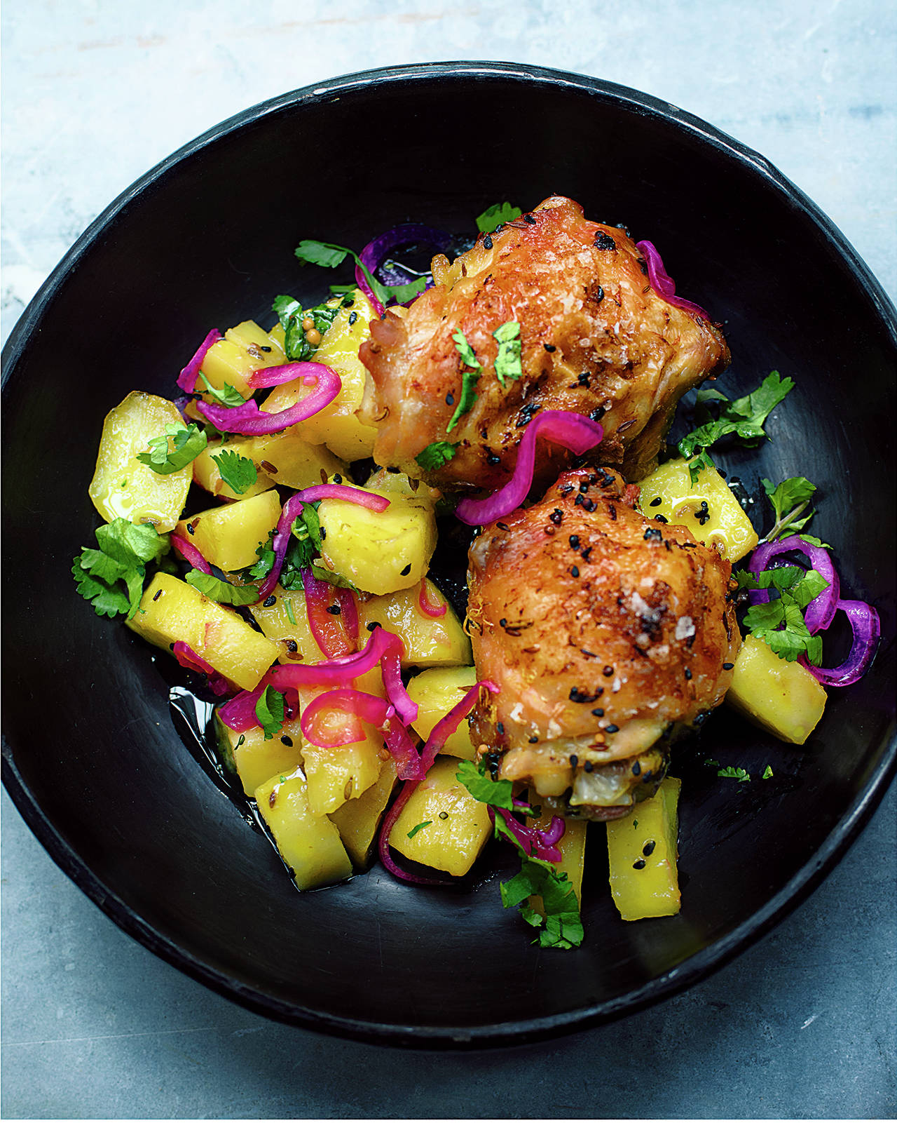 Indian-spiced chicken and potato traybake is an easy sheet-pan dinner. (Jonathan Lovekin)