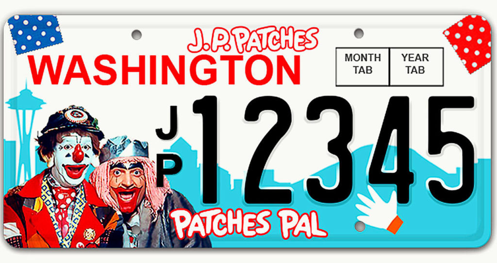J.P. Patches Washington State License Plate. The proposed J.P. Patches license plate would raise money for Seattle Children’s Hospital’s Strong Against Cancer. (Dan Bates / The Herald)
