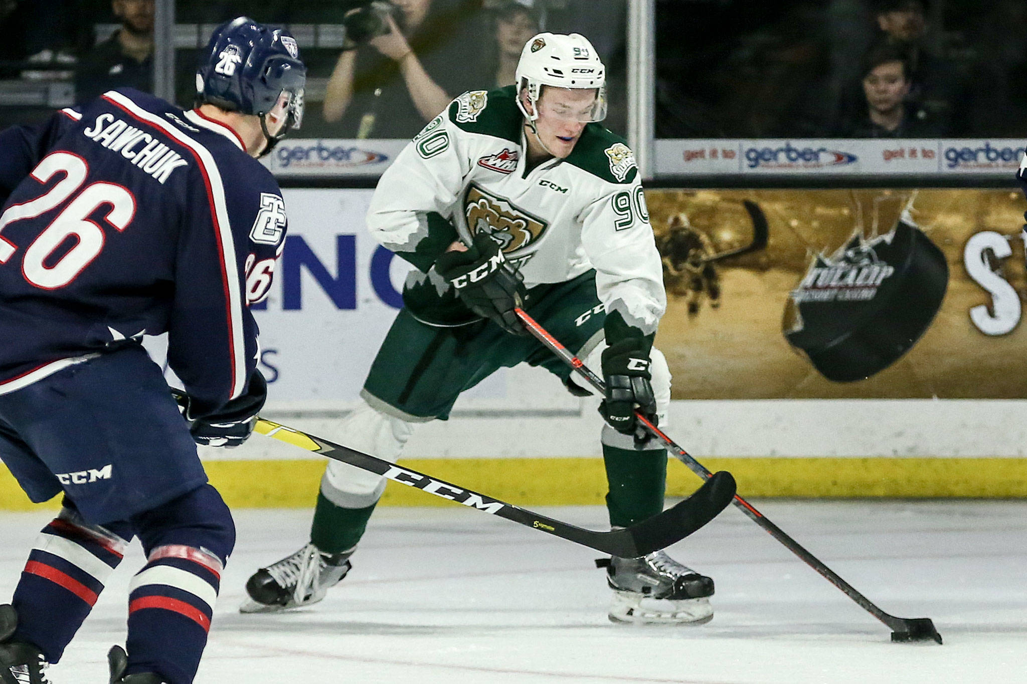 Silvertips forward Robbie Holmes controls the puck during Game 2 of a first-round playoff series against Tri-City on March 23, 2019, at Angel of the Winds Arena in Everett. (Kevin Clark / The Herald)