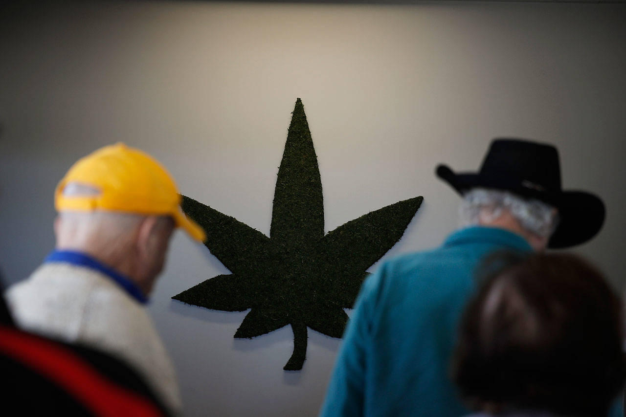 A group of seniors from Laguna Woods Village check in at Bud and Bloom cannabis dispensary in Santa Ana, California, on Feb. 19. More Americans in their 70s and 80s are adding marijuana use to their roster of senior activities. Recent studies show that people 65 and over are the fastest-growing segment of cannabis users. (AP Photo/Jae C. Hong)