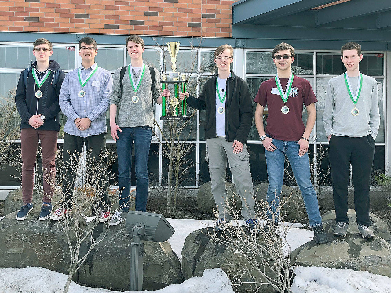 On Saturday, the Stanwood High School Knowledge Bowl team won first place in the 3A division at the Knowledge Bowl State Tournament, held at West Valley High School in Yakima. From left to right: senior Zane MacKinnon, senior Henry Johnson, senior Logan Ritterbush, junior Cole Welch, junior Jeffrey Rahman, and junior Forest Cook. (Susan Britain, Stanwood High School)