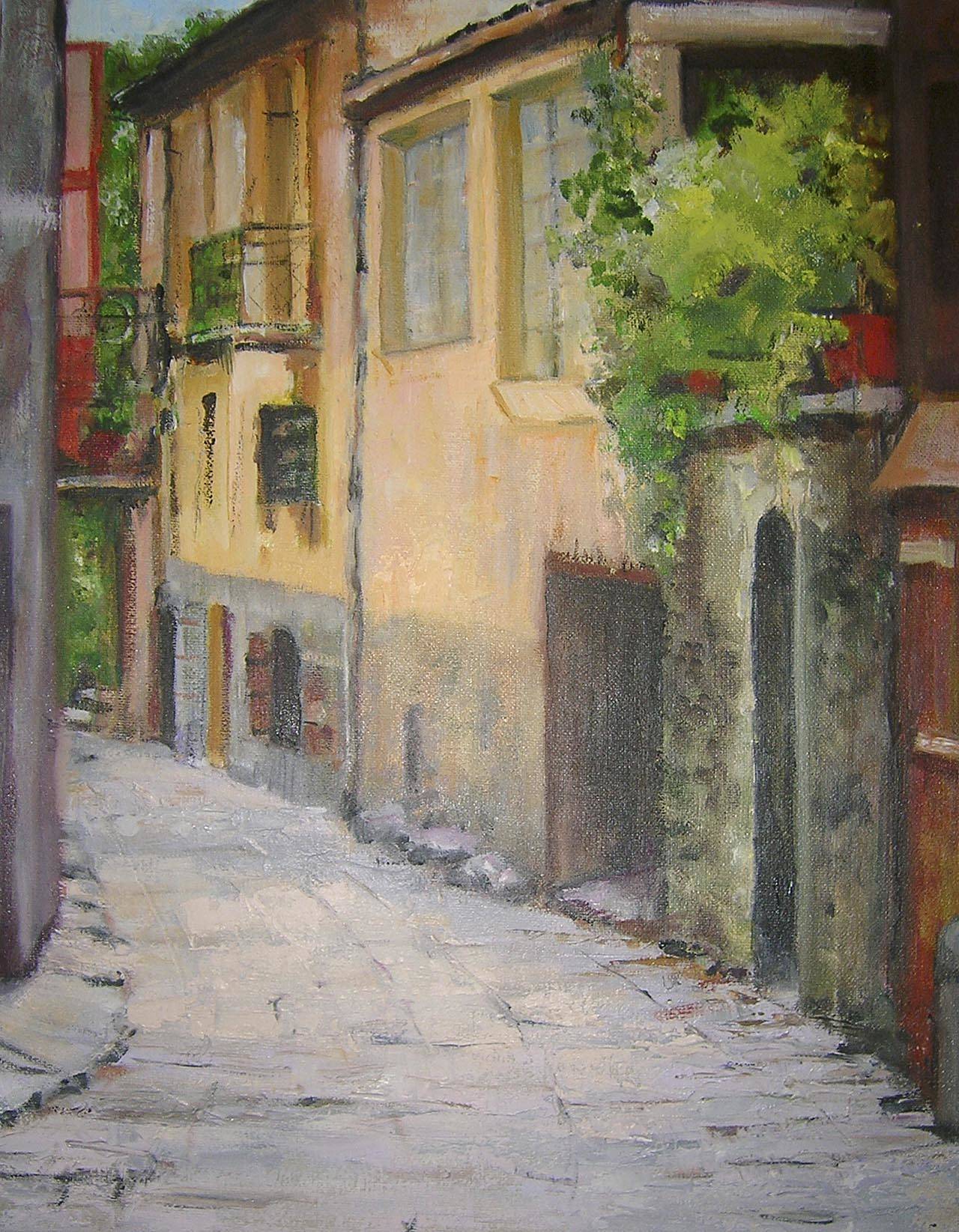 “A French Path” by Phyllis Thornton depicts a cobblestone street in France. Her oil paintings from the past 12 years will be on display April 1-30 at the Mountlake Terrace Library.