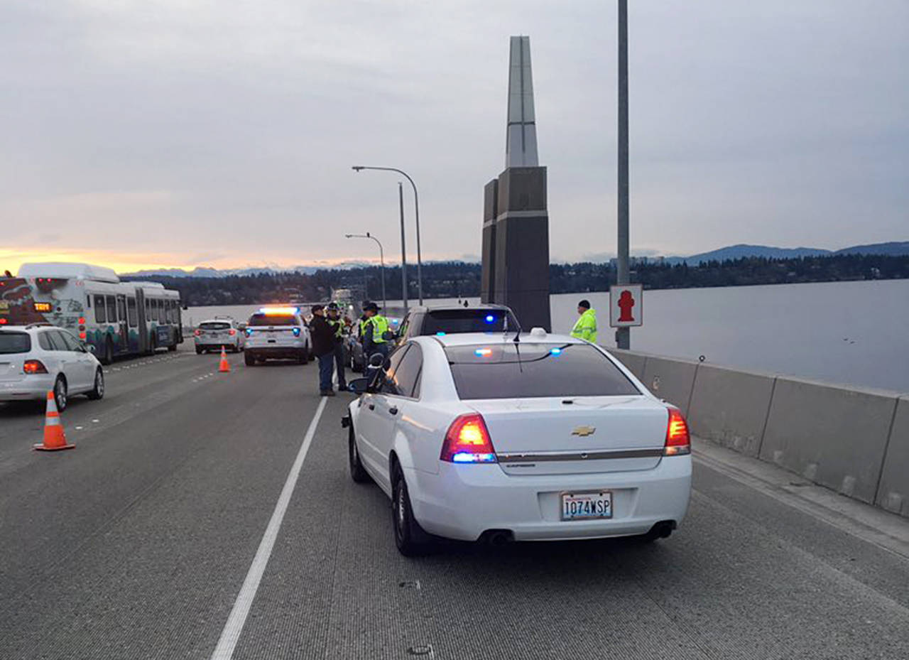 Washington State Patrol responded to a report of a deceased man in a car on the SR 520 bridge early Monday morning. (Washington State Patrol/Rick Johnson)