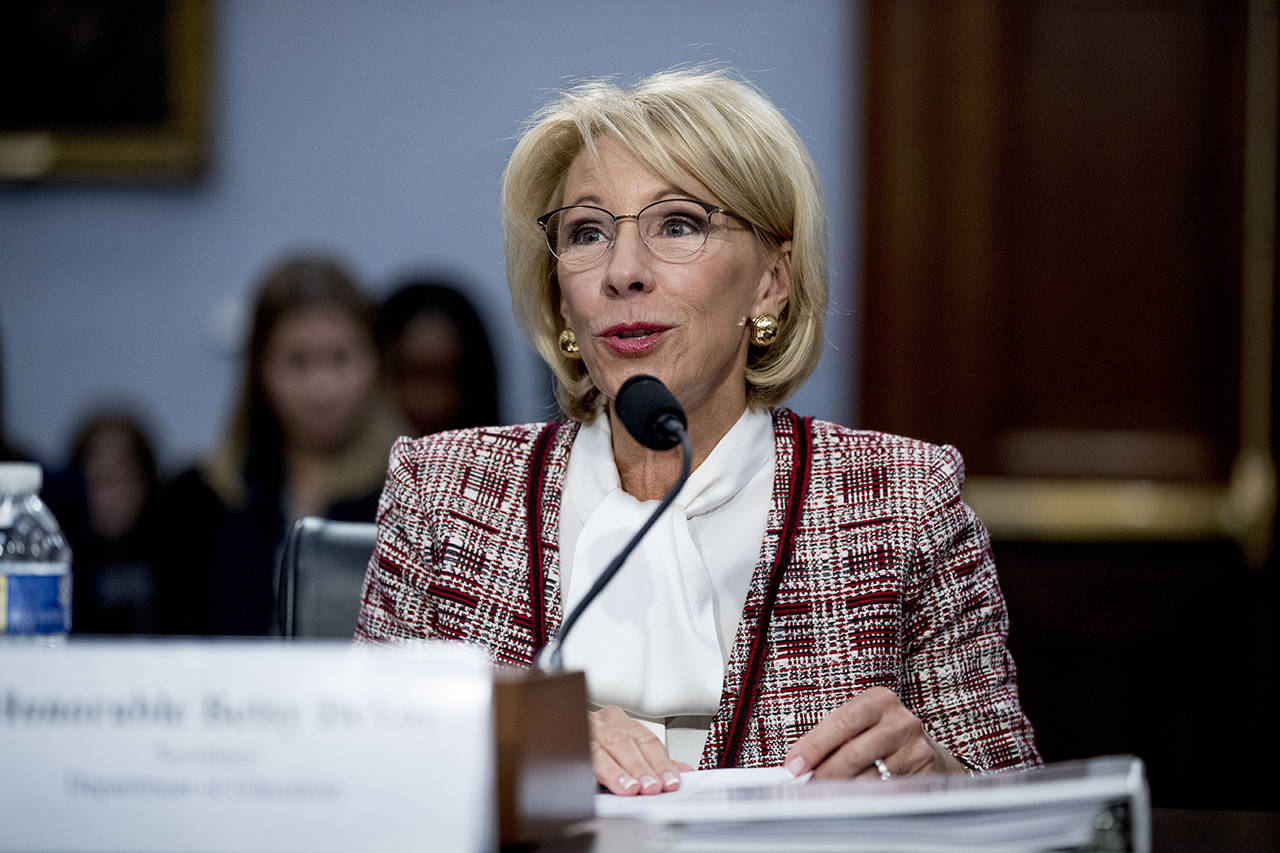 Education Secretary Betsy DeVos speaks during a House Appropriations subcommittee hearing on budget on Capitol Hill in Washington on Tuesday. (AP Photo/Andrew Harnik)