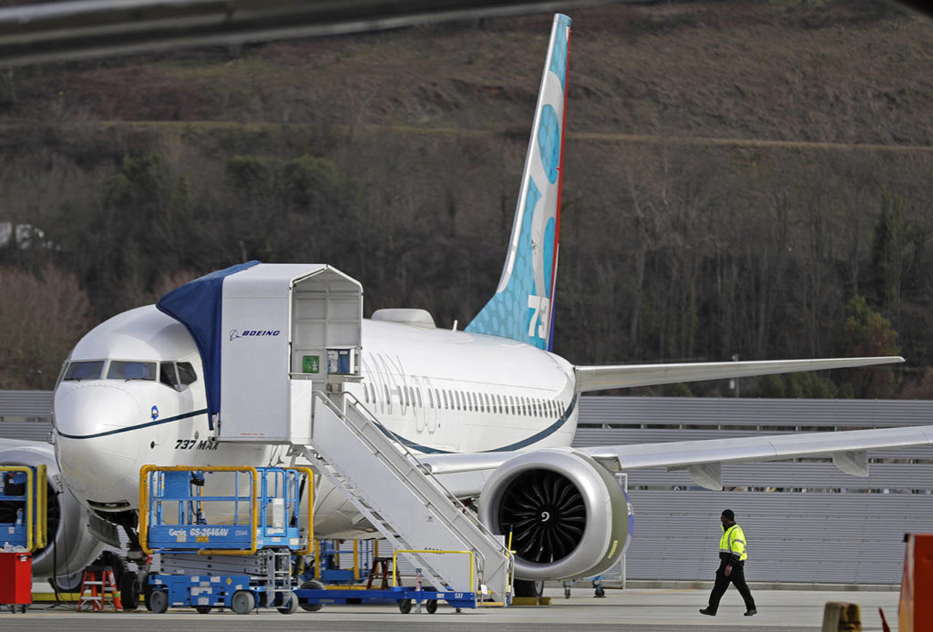 This March 14 photo shows a Boeing 737 Max 8 airplane parked at Boeing Field in Seattle. (AP Photo/Ted S. Warren, File)
