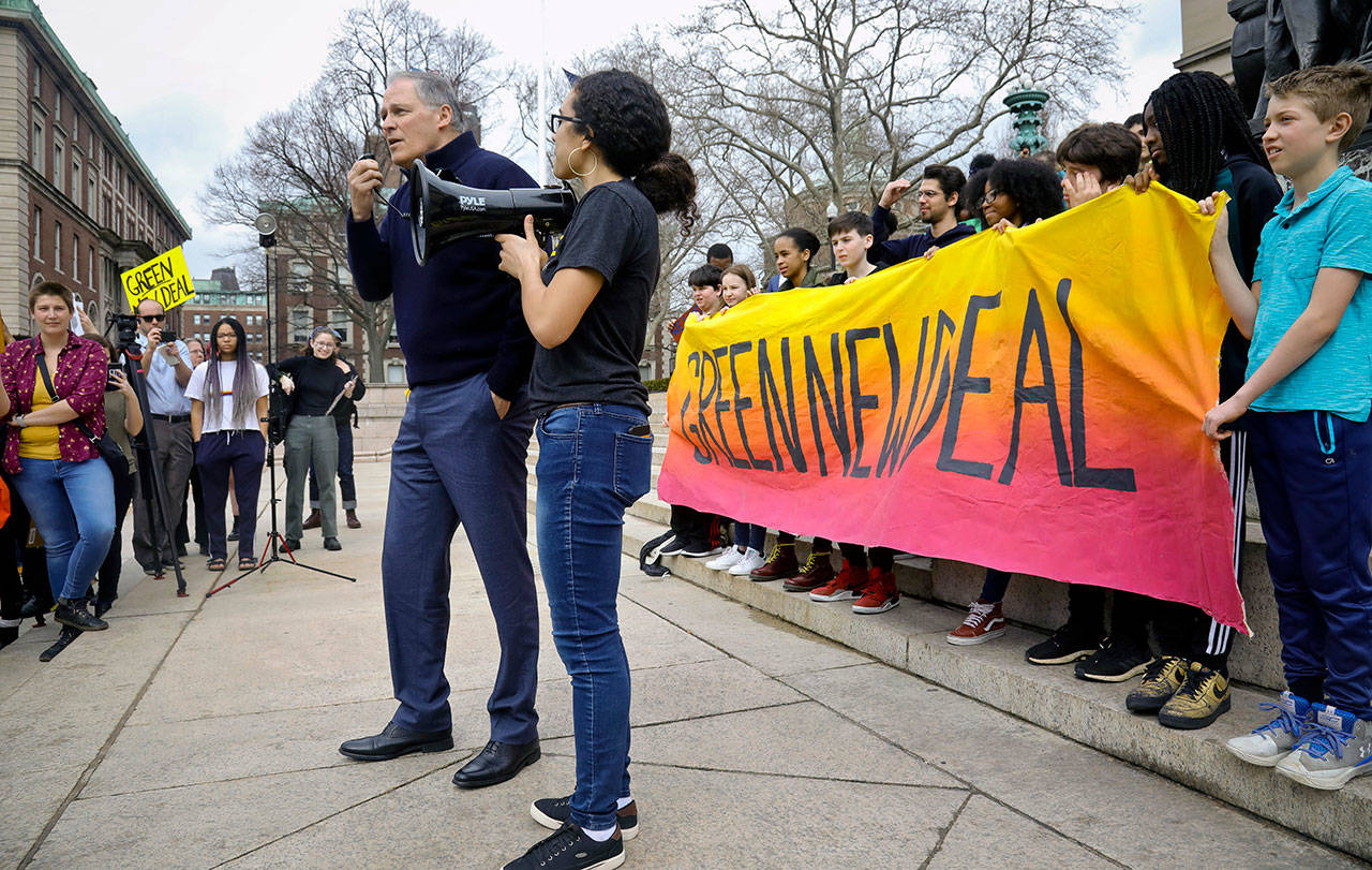 Democratic presidential candidate Gov. Jay Inslee address a student Climate Strike rally at Columbia University, March 15, in New York. (Bebeto Matthews / Associated Press)