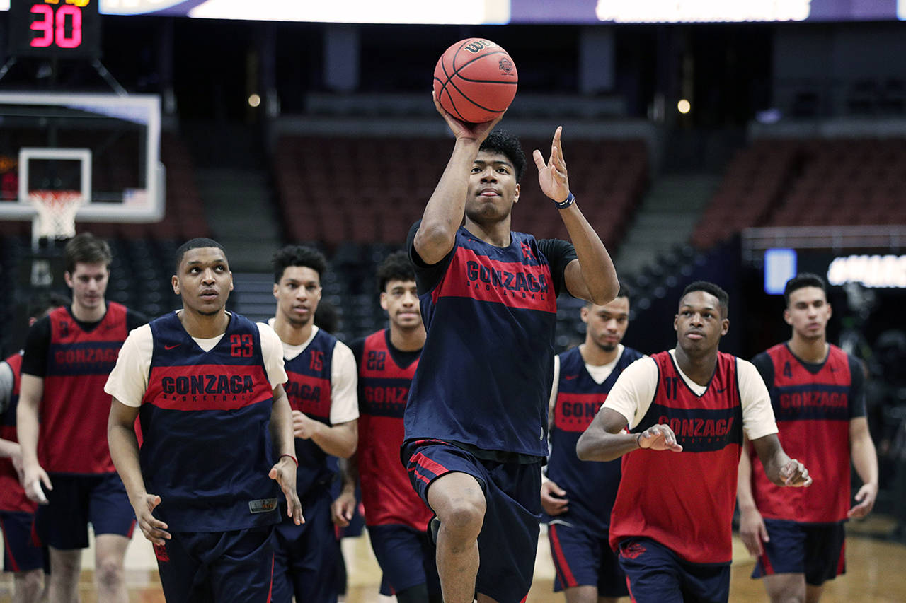 Gonzaga’s Rui Hachimura shoots during practice at the NCAA men’s college basketball tournament in Anaheim, California, on Wednesday. The team got a surprise locker room visit from Jimmy Kimmel sidekick Guillermo Rodriguez on Wednesday. (AP Photo/Jae C. Hong)