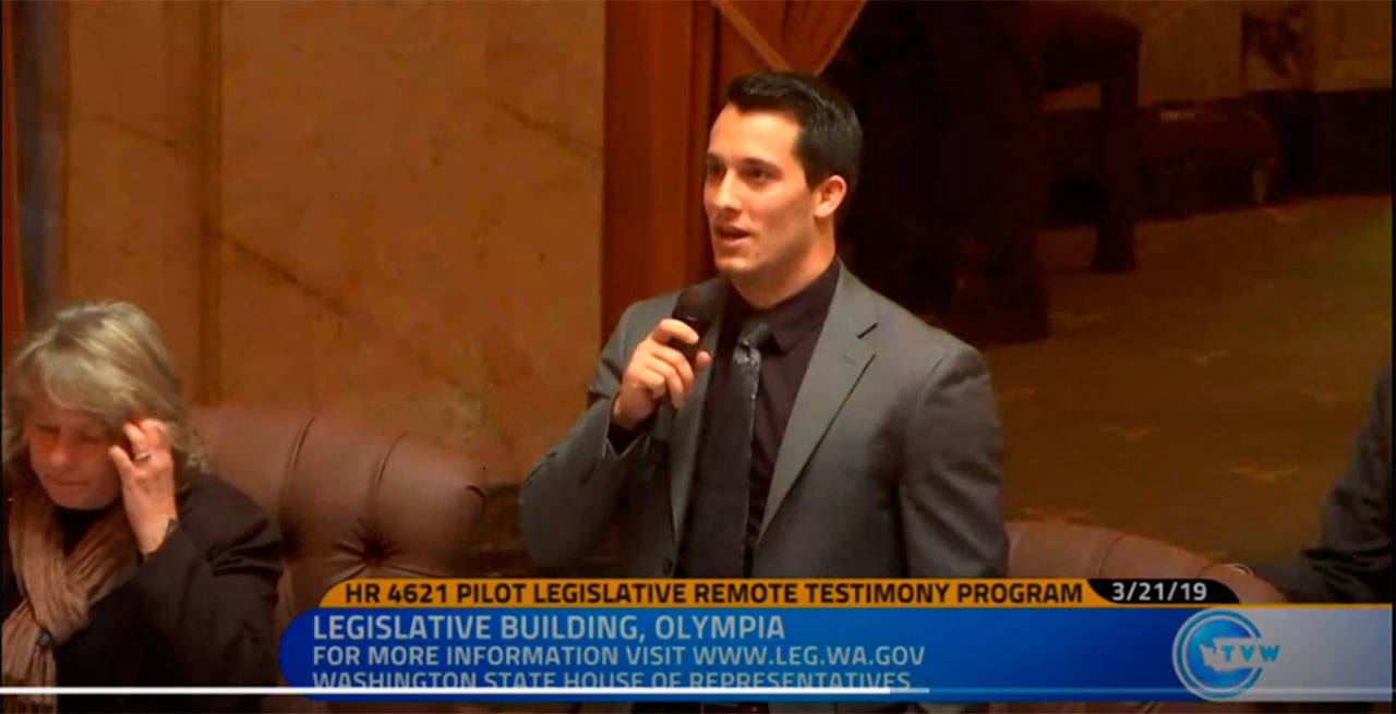 State Rep. Jared Mead, D-Mill Creek, speaks during floor debate on his resolution to adopt a pilot program to allow remote video-testimony during House committee hearings from locations across the state. (TVW)