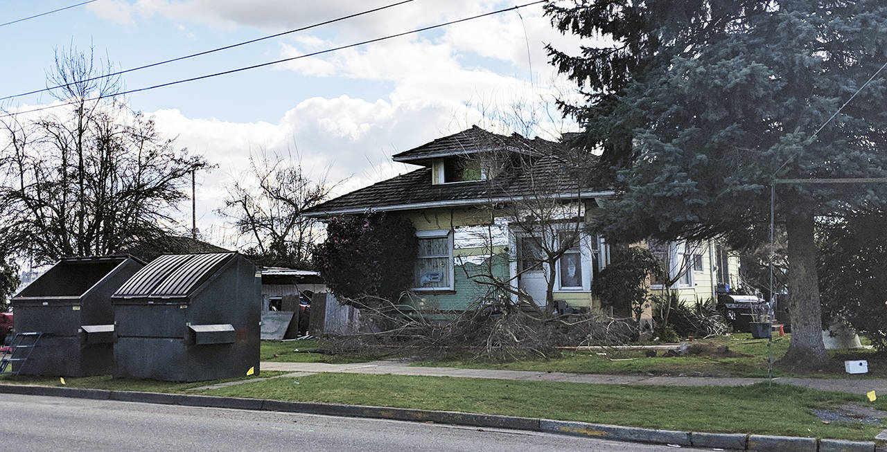 The house on First Street and Columbia Avenue in Marysville will be torn down soon. The city acquired the property through eminent domain. (Zachariah Bryan / The Herald)