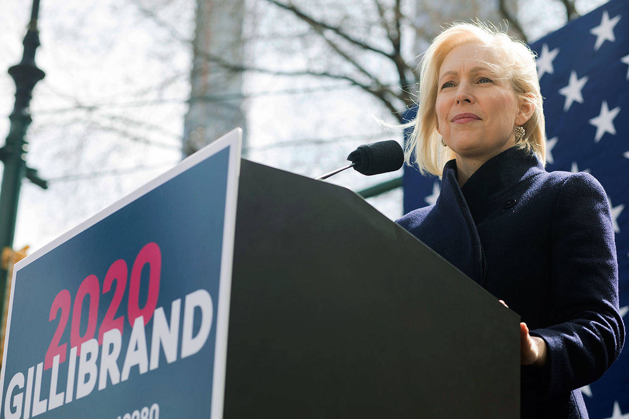 Sen. Kirsten Gillibrand, D-N.Y., speaks at the kickoff of her presidential campaign March 24 near the Trump International Hotel and Tower in New York. The fiercest battle for campaign cash is playing out between the presidential candidates who might not be on your radar. Ahead of Sunday, March 31 fundraising deadline for the first quarter, the underdogs of the Democratic primary were in a mad dash to coax as little as $2 from grassroots donors. (AP Photo/Julius Constantine Motal, File)