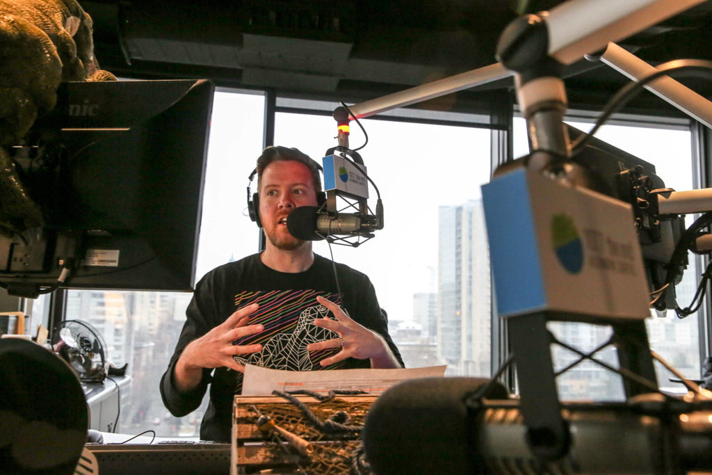 Gregr, on 107.7 The End, also does a popular segment “Nerd Talk” during his morning show. (Kevin Clark / The Herald)
