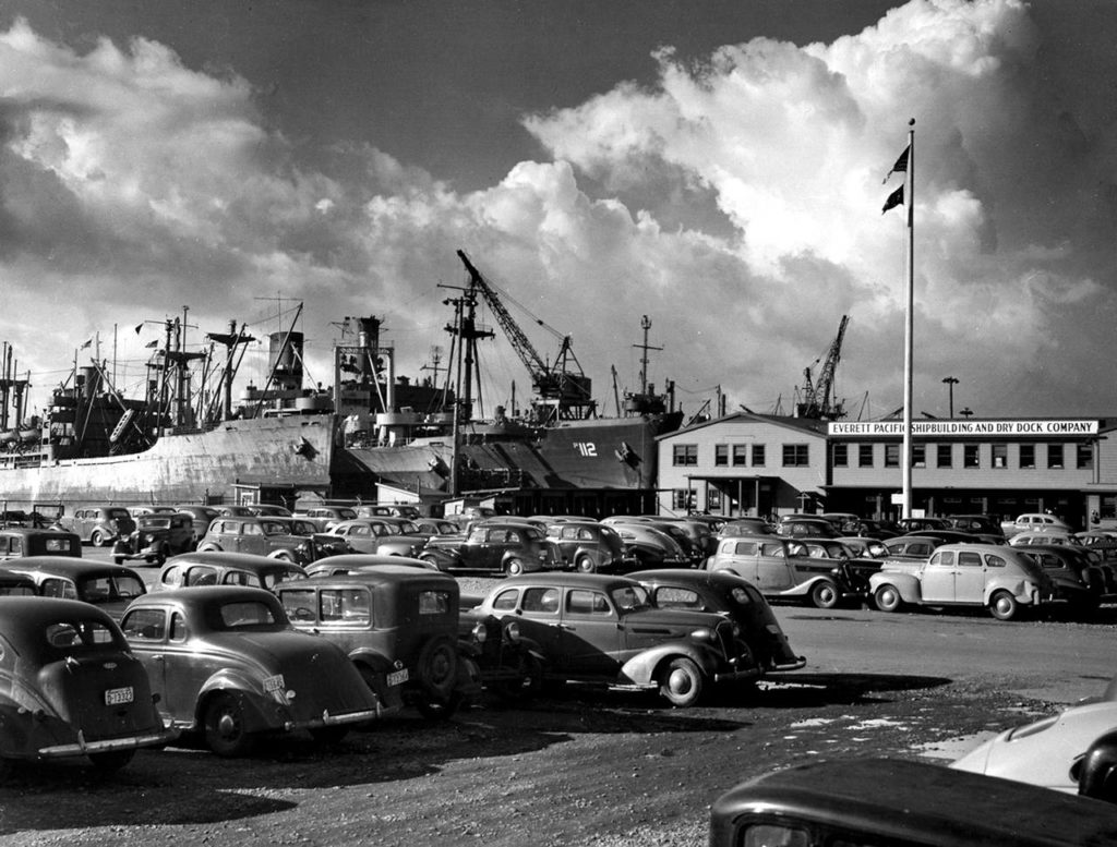The Everett Pacific Shipbuilding and Drydock Company on the Everett waterfront — seen here in the 1940s — was located where Naval Station Everett is today. (Everett Public Library)
