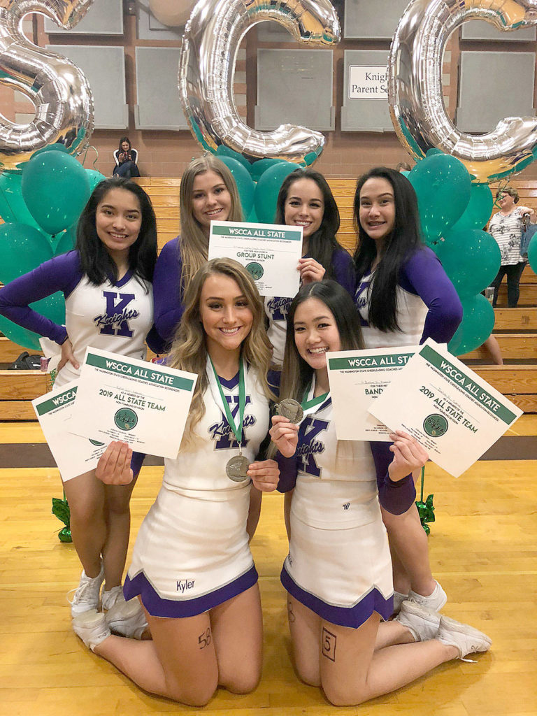 Kamiak High School all-state cheer award winners: Back, left to right, Alexia Bravo, Siobhan Mukomela, Kaitlin Harrison and Danielle Manahan: Front, Kyler Lien (left) and Baohan Vo.
