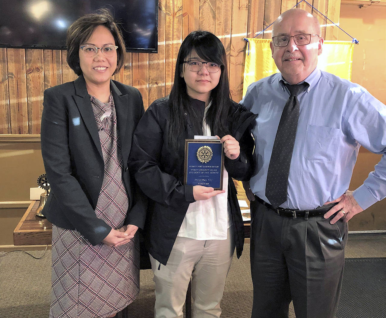 From left, instructor Chayuda Overby, student Phuong Vu and Reid Shockey, president elect of Rotary of Everett Port Gardner. (Submitted photo)