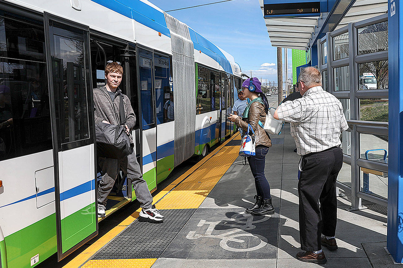 How tolerable is the transfer between Community Transit’s Swift Green and Blue lines? Not too bad for this rider. (Lizz Giordano / The Herald)