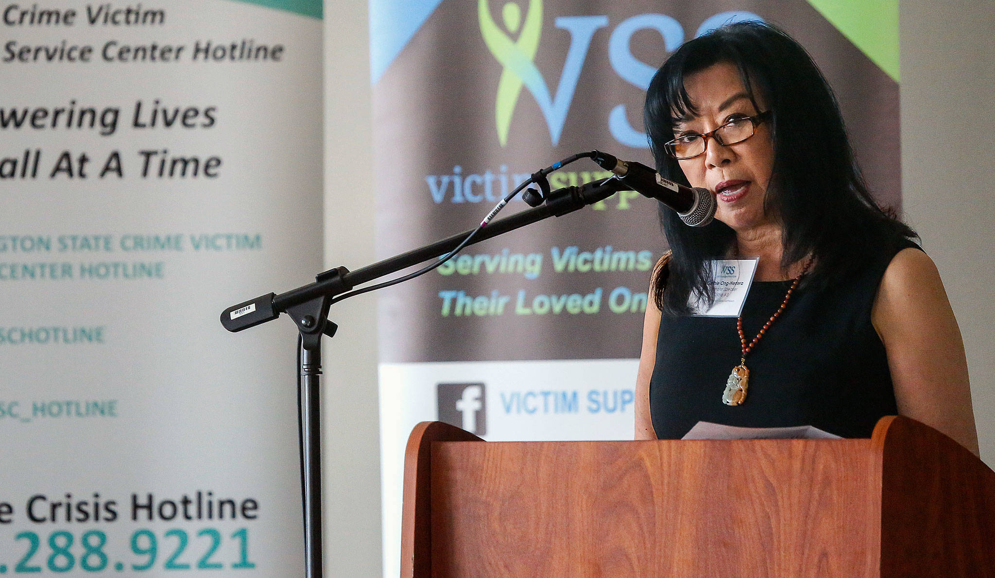 Cathie Ong-Herrera is the sister of Betty Ong, a flight attendant on American Airlines Flight 11, the first airliner to crash into the World Trade Center on Sept. 11, 2001. Ong-Herrera spoke Wednesday at a Victim Support Services fundraising lunch in Everett. (Dan Bates / The Herald)