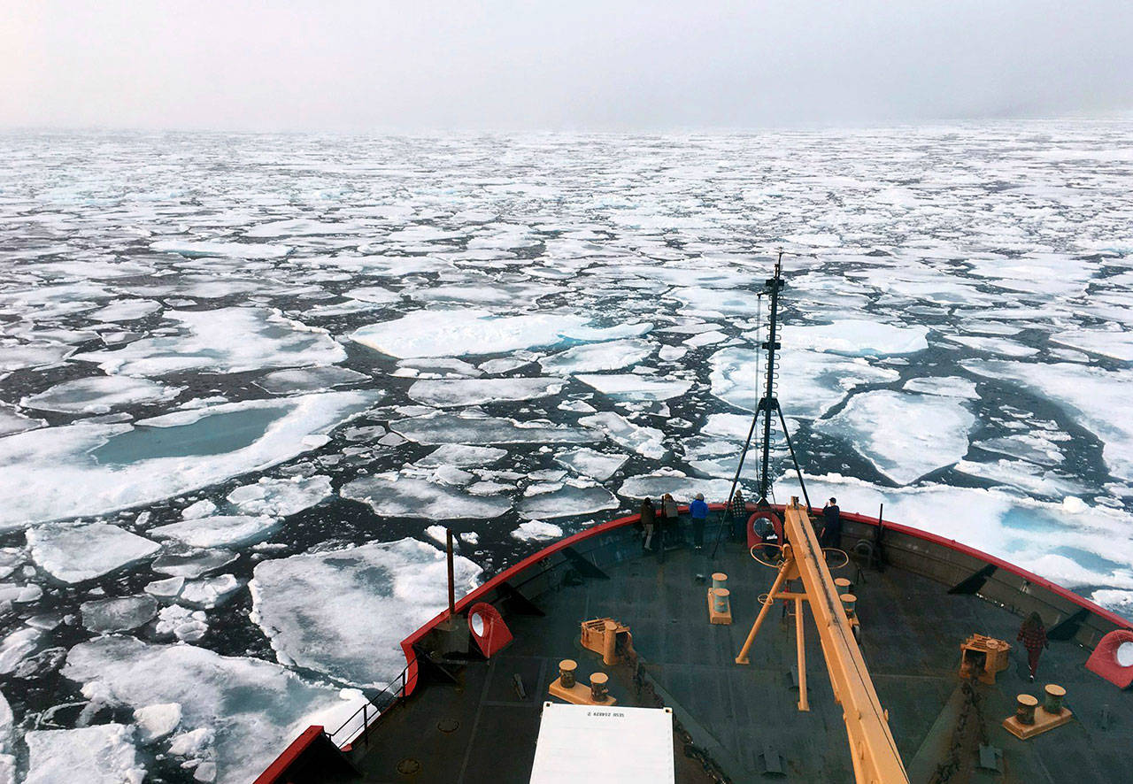 The U.S. Coast Guard Icebreaker Healy conducts research in the Chukchi Sea of the Arctic Ocean. President Donald Trump’s plan to reverse environmental initiatives in Alaska put in place by his predecessor, Barack Obama, took a hit with two rulings in federal court. U.S. District Court Judge Sharon Gleason on Friday, March 29, 2019 ruled that ruled that Trump exceeded his authority when he reversed bans on offshore drilling in vast parts of the Arctic Ocean and dozens of canyons in the Atlantic Ocean. She also ruled that the administration violated federal law with a proposed road that would split a wilderness area in a national wildlife refuge. (Devin Powell/NOAA via AP, File)