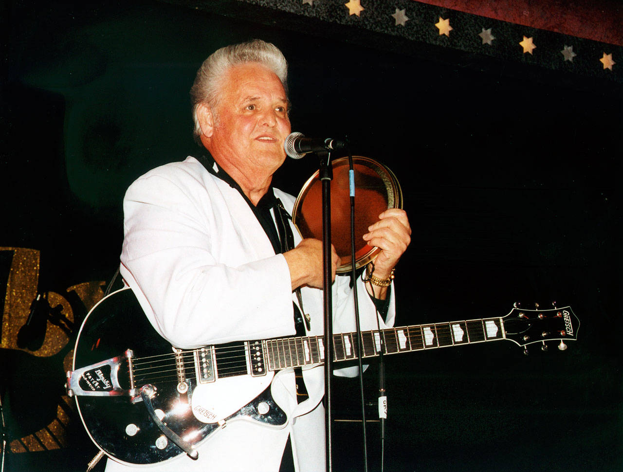Rockabilly Hall of Famer Billy Adams performs in Hemsby, England, in 2002. Adams, who wrote and recorded a rockabilly staple “Rock, Pretty Mama,” died Saturday in Westmoreland, Tennessee. He was 79. (Redbush Classics Records via AP)