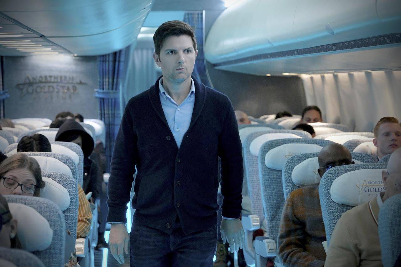 Adam Scott stars in “Nightmare at 30,000 Feet,” a remake of the famous “Twilight Zone” episode in which William Shatner plays a freaked-out airline passenger. (CBS)