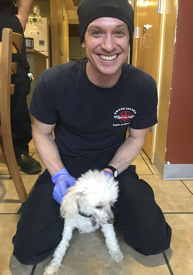 Firefighter Cory Harrington said Tuffy was is very first canine save. (Islands’ Sounder)