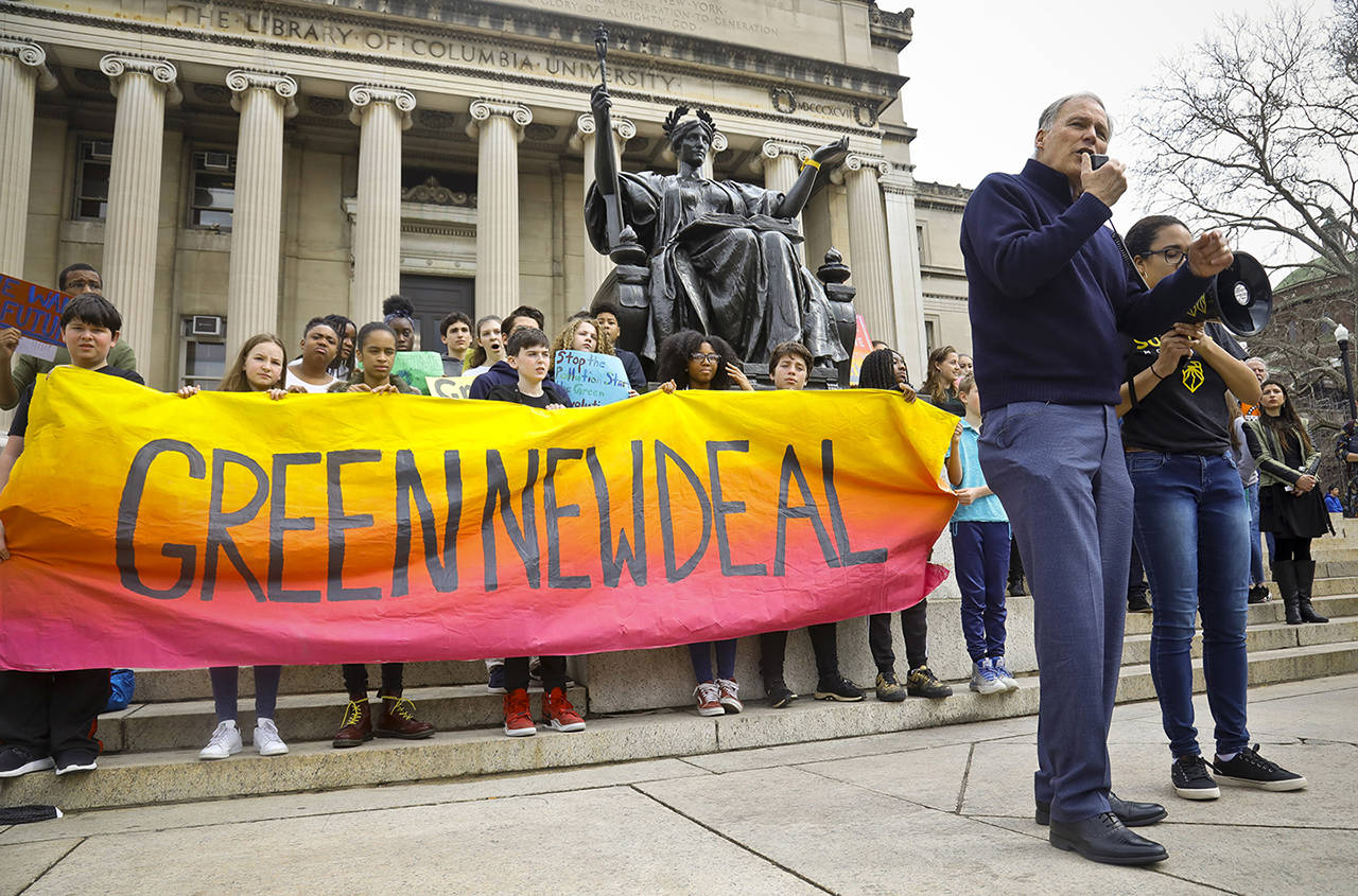 Democratic presidential candidate Washington Gov. Jay Inslee speaks during a Columbia Climate Strike rally at Columbia University on March 15 in New York. (AP Photo/Bebeto Matthews, file)