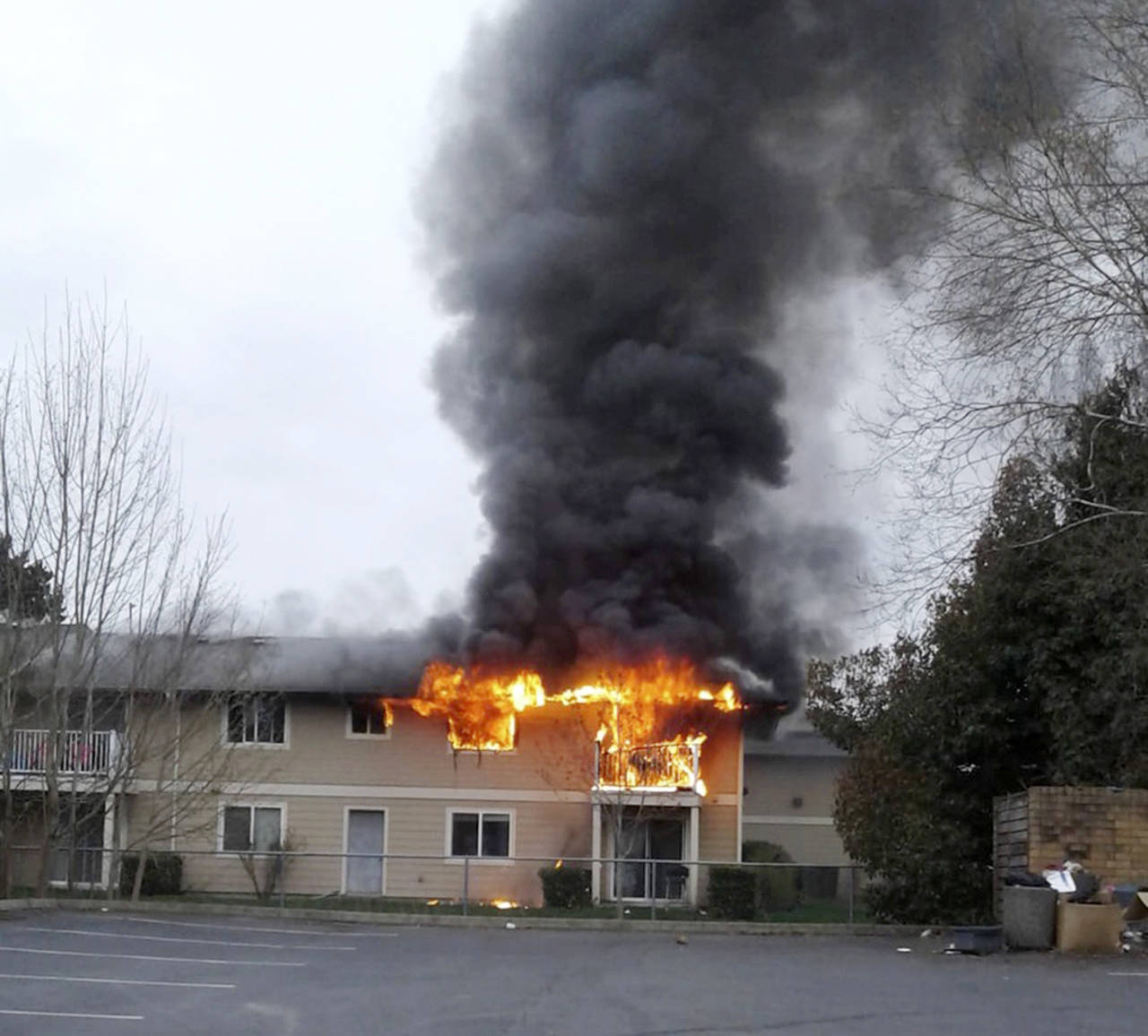 Fast-moving flames damaged eight apartments at a complex in Monroe. (Snohomish County Fire District 7)