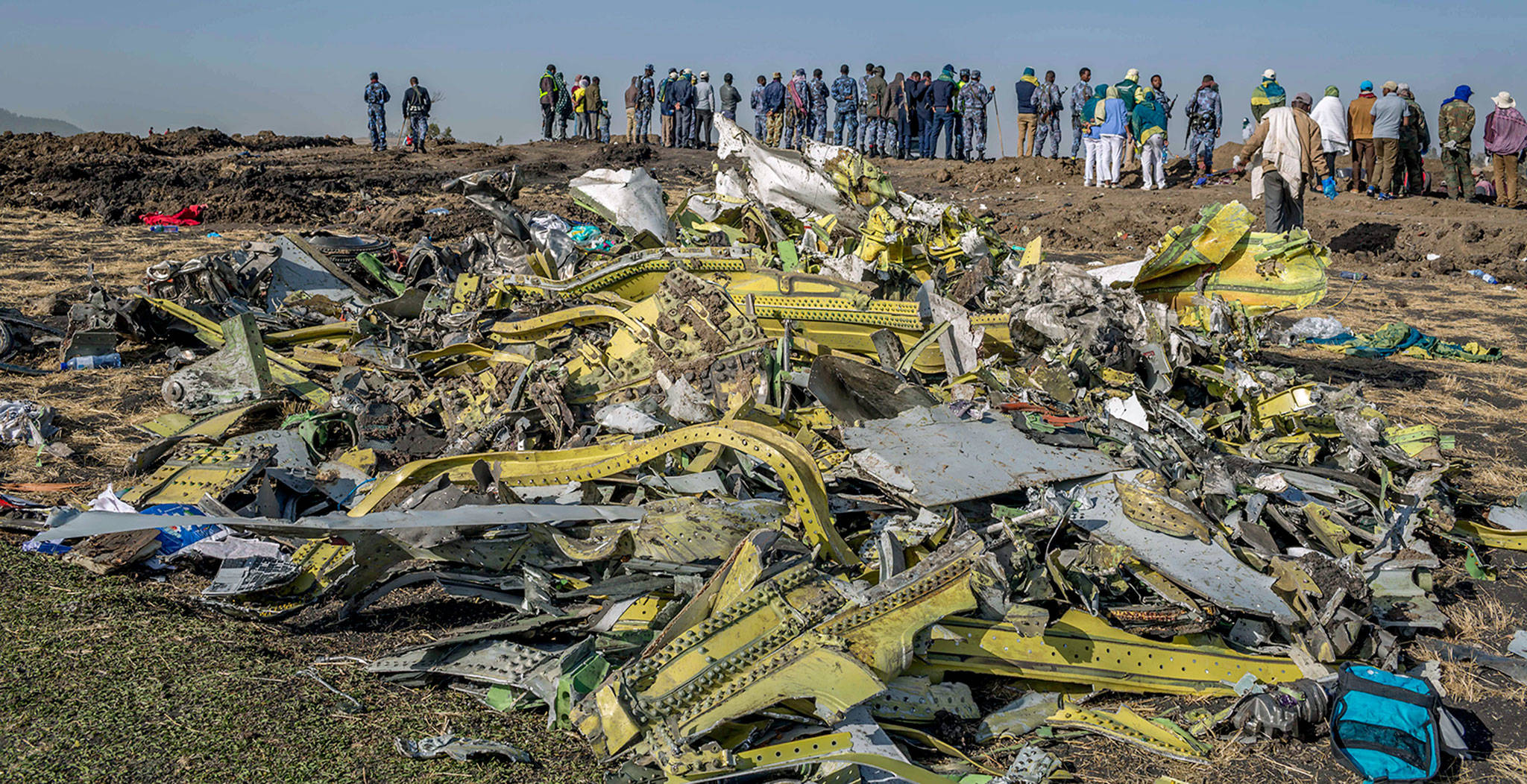 Wreckage at the crash scene of an Ethiopian Airlines Boeing 737 MAX 8 near Addis Ababa, Ethiopia, on March 11. (AP Photo/Mulugeta Ayene)