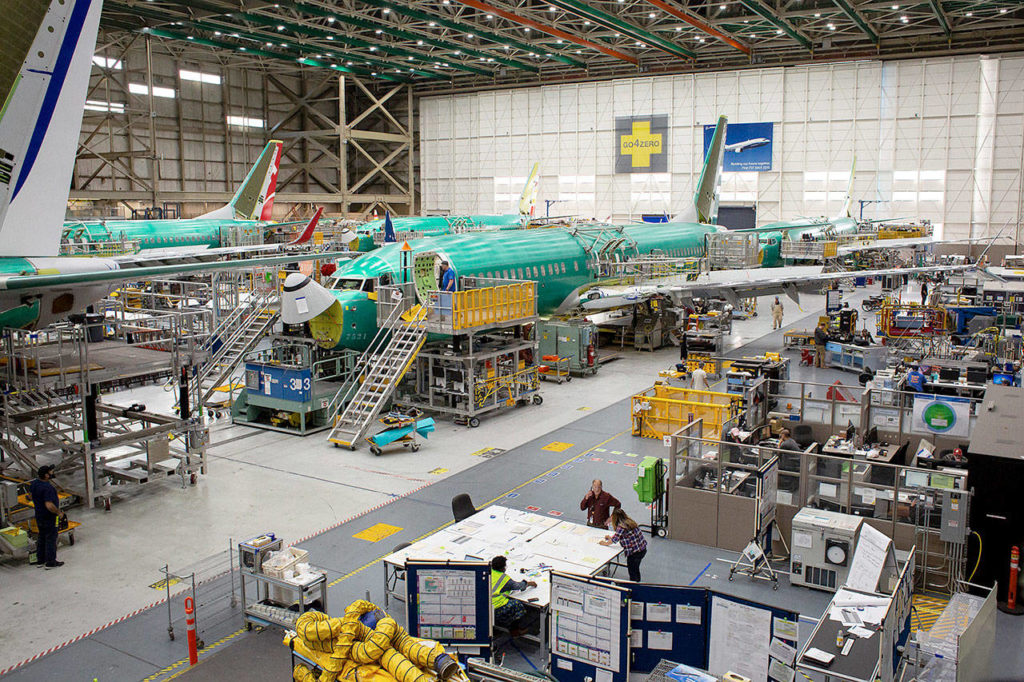 Boeing 737s at the company’s plant in Renton. (David Ryder / Bloomberg News)
