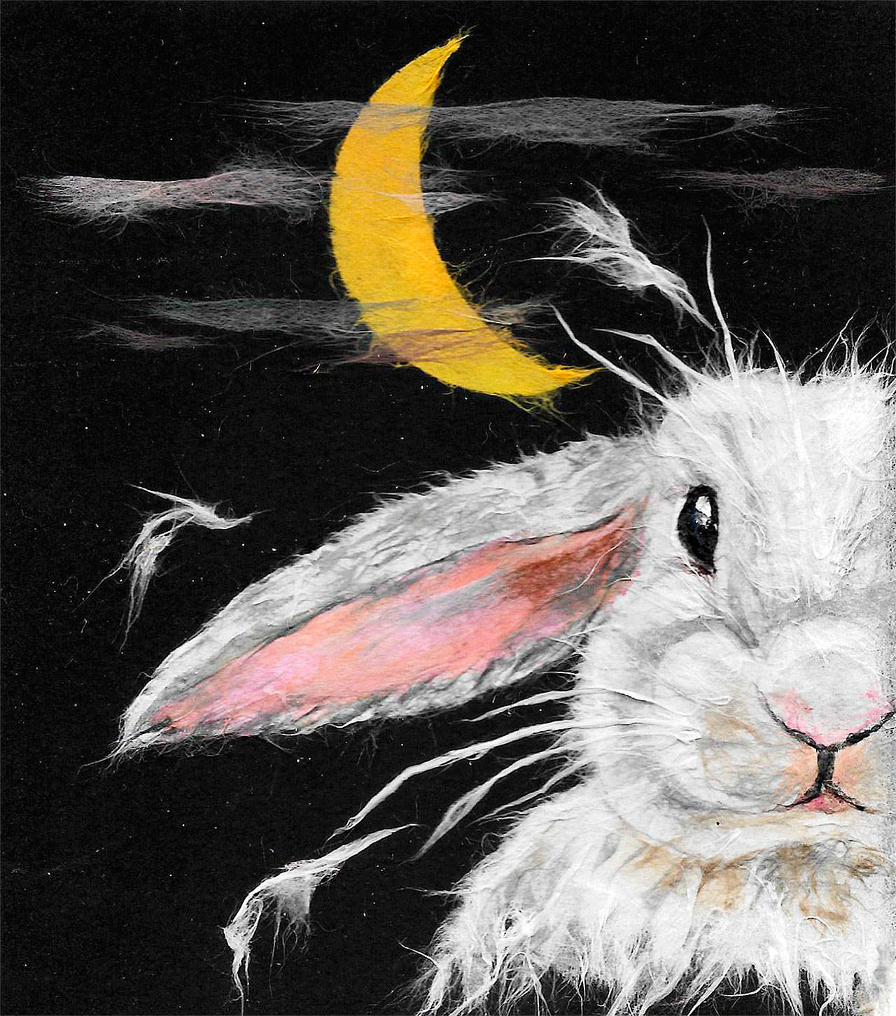 Kyoko Niikuni’s “Bunny with Moon,” is part of a display of her work this month at Citrine Health Gallery in Everett.